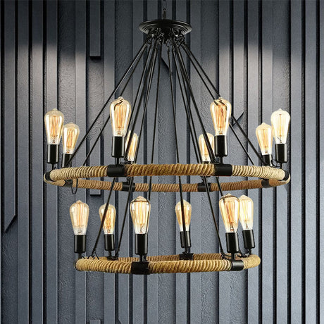 Lodge Style Roped Ring Chandelier Pendant Light With Adjustable Chain - 6/8 Heads In Black