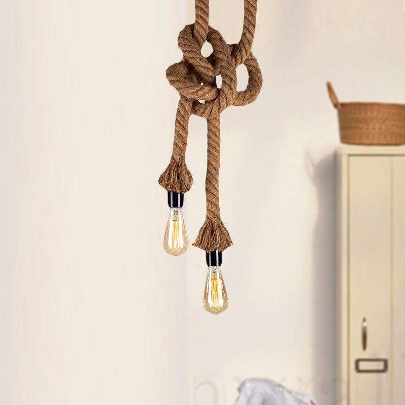 Vintage Style Light Brown Rope Pendant With Open Bulb - 2 Heads Ceiling Hanging Lighting For Bar