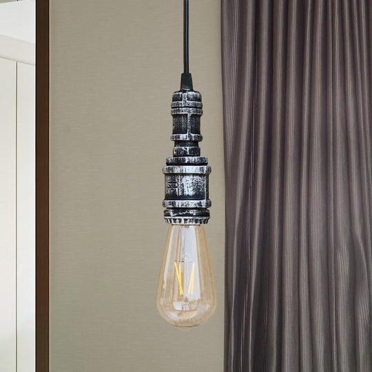 Rustic Black/Silver Wrought Iron Bare Bulb Hanging Light Fixture With Pipe - Bathroom Ceiling