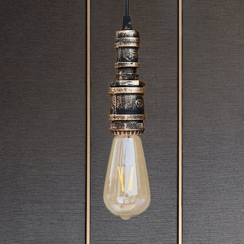 Rustic Black/Silver Wrought Iron Bare Bulb Hanging Light Fixture With Pipe - Bathroom Ceiling