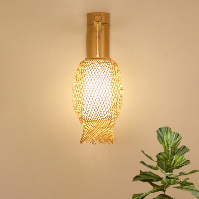 Bamboo Wall Sconce With Asian Style And Beige Oblong Shade - Hand Woven 1-Bulb Lamp