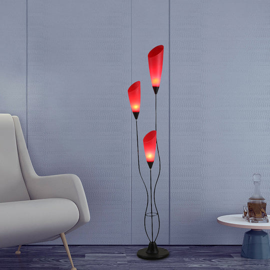 Metallic Red Torchiere Floor Reading Lamp With 3 Adjustable Heads - Perfect For Living Rooms