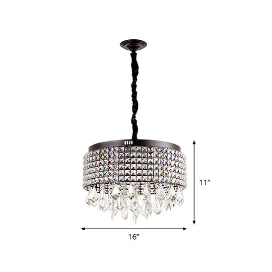 Modernist Black Crystal Drum Chandelier - 5-Light Suspension Lamp With Droplet Stylishly Encrusted