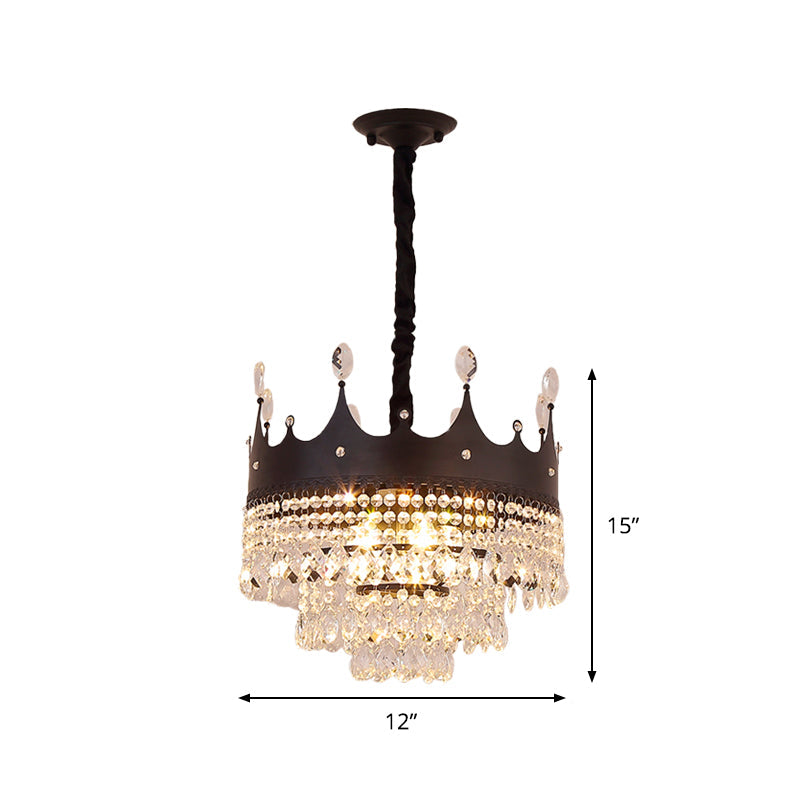 Contemporary 4-Bulb Black Pendant Chandelier With Crystal Droplet - Crown Shape Metal Suspension