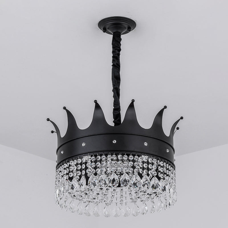 Contemporary 4-Bulb Black Pendant Chandelier With Crystal Droplet - Crown Shape Metal Suspension