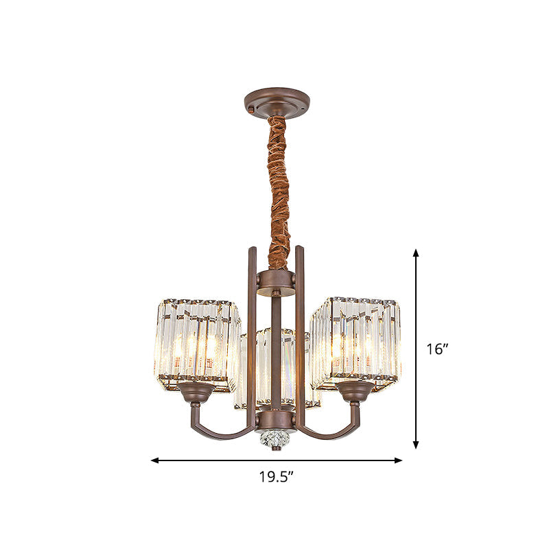 Cuboid Crystal Block Chandelier - Modernist Pendant Lamp With 3/6 Lights For Dining Room In Coffee