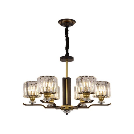 Modern Crystal Block Cylinder Pendant Chandelier - Black & Gold 3/6 Heads