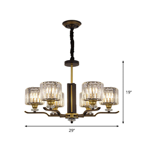 Modern Crystal Block Cylinder Pendant Chandelier - Black & Gold 3/6 Heads