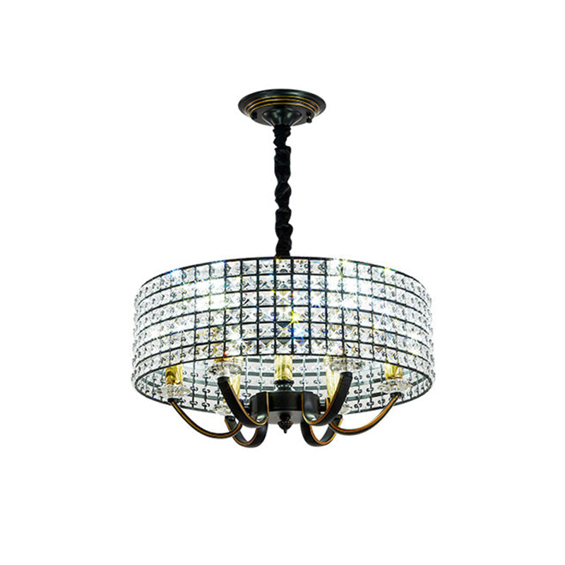 Minimalist Black Drum Chandelier Pendant Light With Crystal Embellishments - 6-Light Dining Room