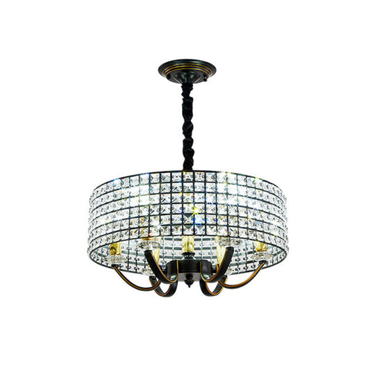 Minimalist Black Drum Chandelier Pendant Light With Crystal Embellishments - 6-Light Dining Room