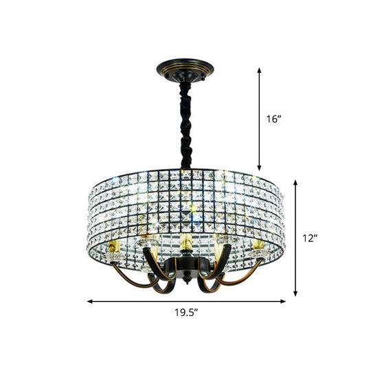Minimalist Black Drum Chandelier Pendant Light With Crystal Embellishments - 6-Light Dining Room