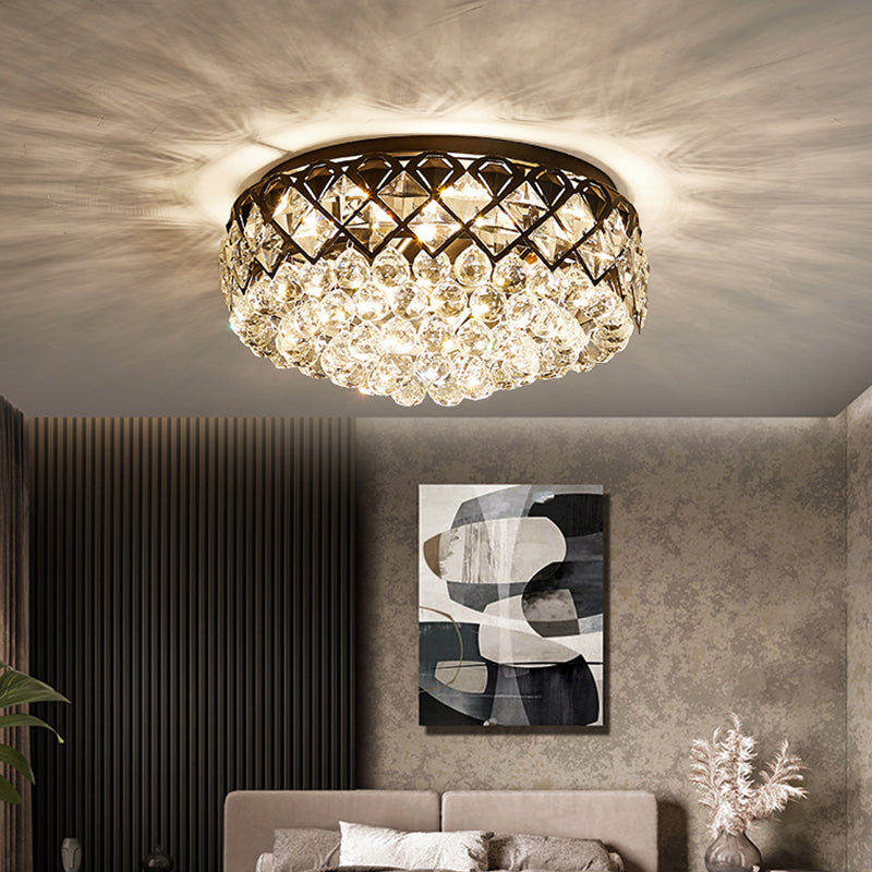 Modern Black Drum Flush Mount Lighting With 7 Crystal Balls - Bedroom Flushmount Lamp