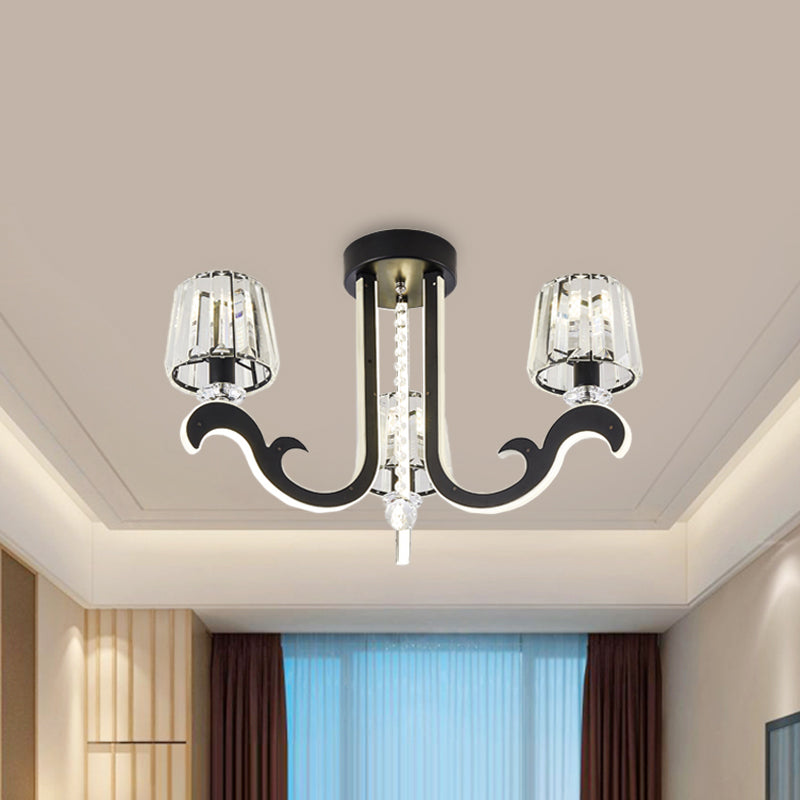 Modern Black Led Semi - Flush Ceiling Light With Crystal Block Shade - 3 - Light Bedroom Lamp