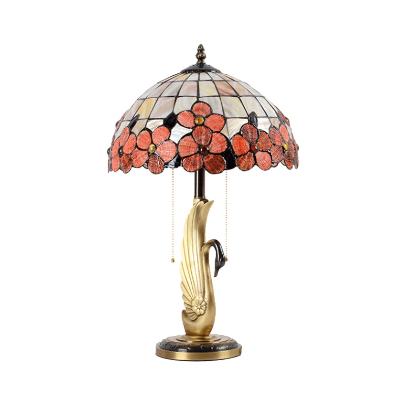 Albali - Pink Flower-Edge Grid Glass Night Lamp Tiffany 2-Light Gold Pull Chain Table Lighting With