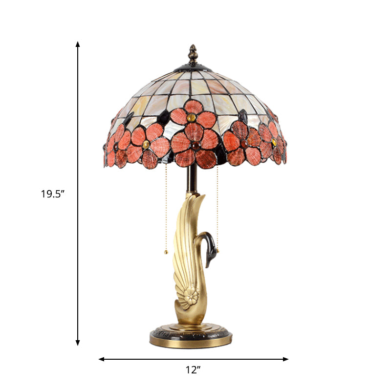 Albali - Pink Flower-Edge Grid Glass Night Lamp Tiffany 2-Light Gold Pull Chain Table Lighting With