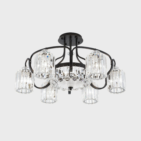 Modern Black Crystal Ceiling Lamp With Clear Cylindrical Shade - Semi Mount 4/8 Heads Dining Room