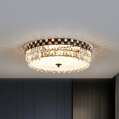 Modern Black Round Flush Mount Ceiling Light With 5 Clear Faceted Crystal Bulbs