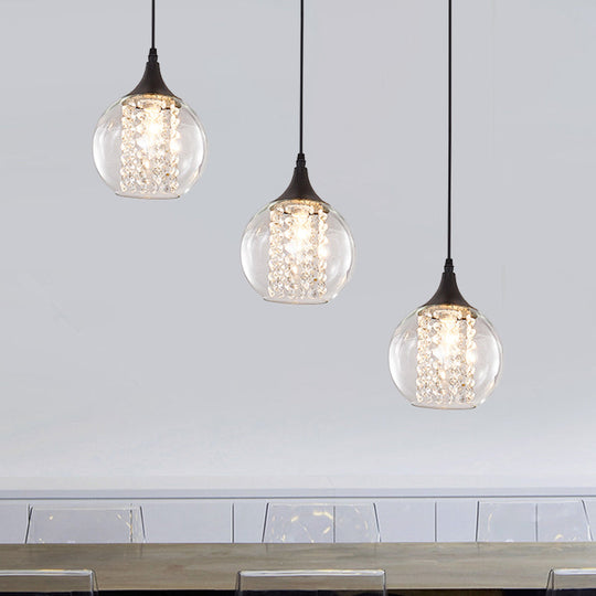 Modern Clear Glass Globe Multilight Ceiling Pendant With 3 Bulbs In Black For Dining Room