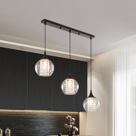 Stylish Globe Multi Ceiling Light With Clear Glass 3 Bulbs Black Finish - Modern Dining Room