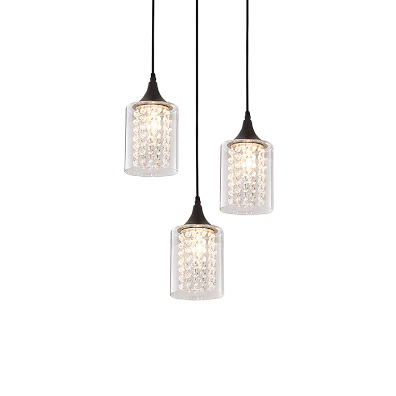 Minimalist Black Cylinder Pendant Light With 3 Clear Glass Shades And Linear/Round Canopy
