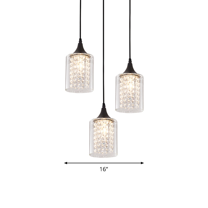 Minimalist Black Cylinder Pendant Light With 3 Clear Glass Shades And Linear/Round Canopy