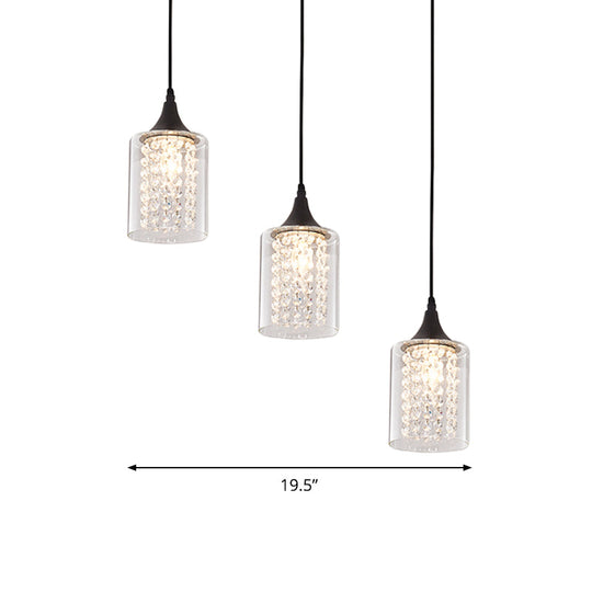 Minimalist Black Cylinder Pendant Light With 3 Clear Glass Shades And Linear/Round Canopy