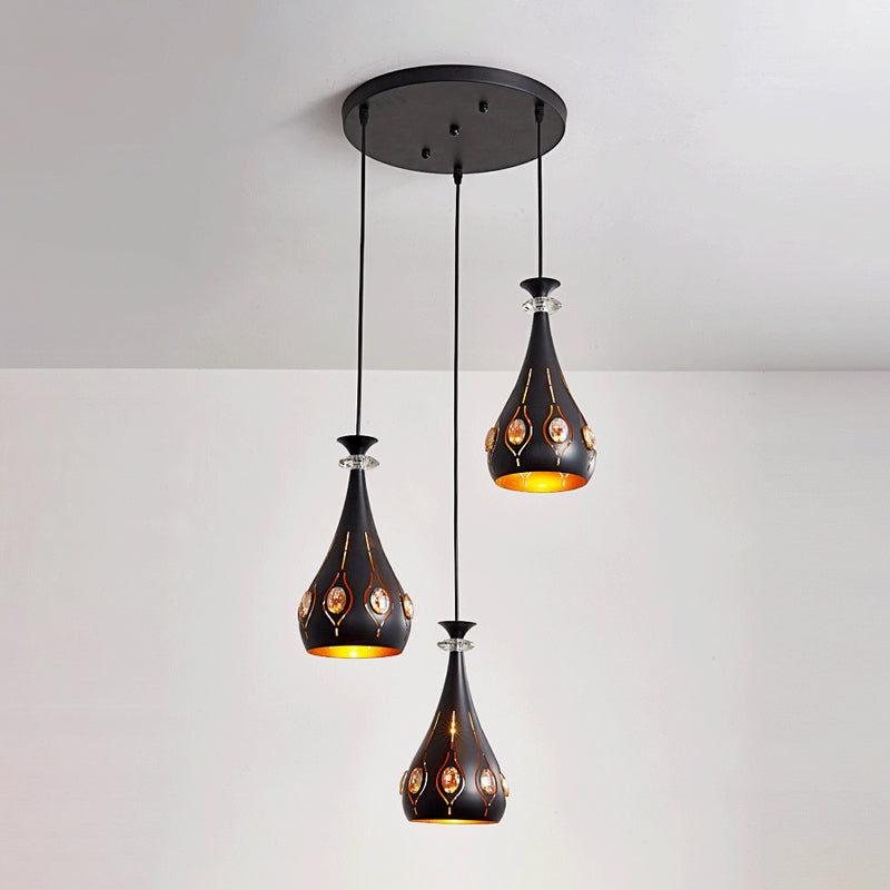 Black Modernist Pendant Light With Metallic Cluster Design - 3 Heads Globe Oval And Waterdrop Shape