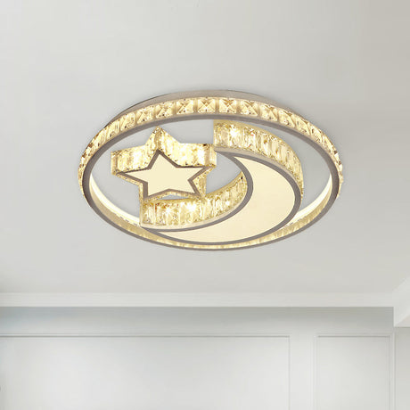 Modern Crystal Moon And Star Led Ceiling Flush Light For Bedrooms White Mounted Lamp