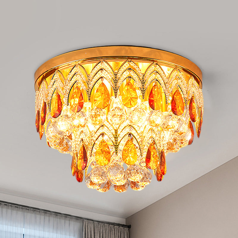 2 - Tier Tan Crystal Droplets Ceiling Lamp - Traditional 6 Lights Flush Mount Fixture In Gold