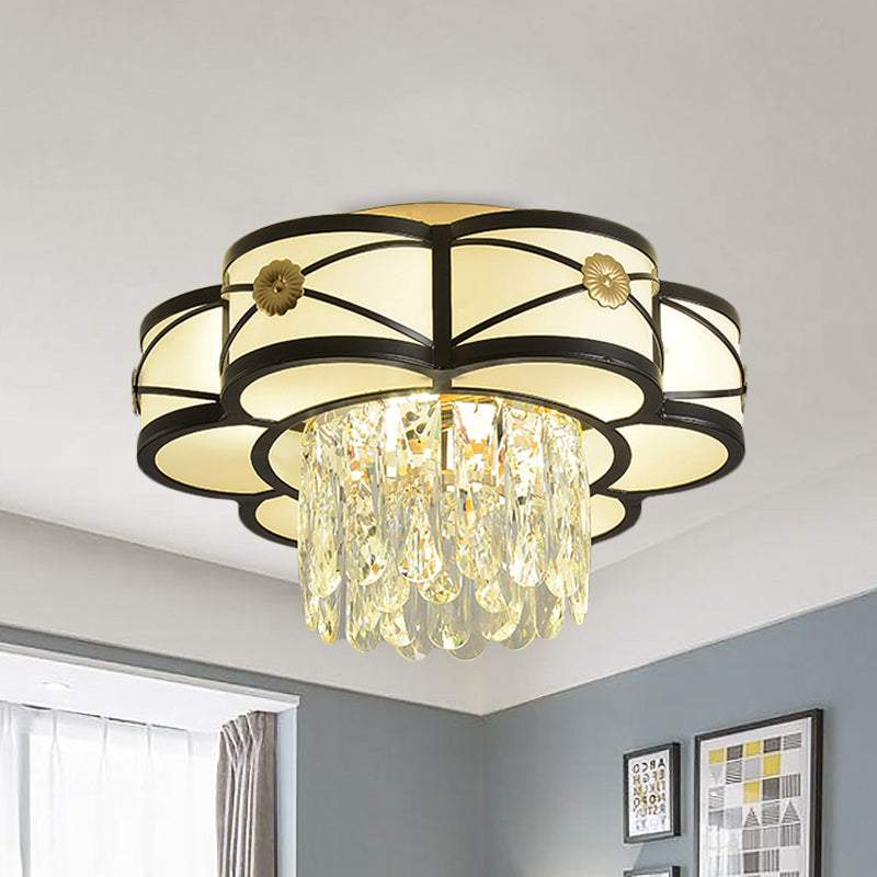 Modern Flower-Shaped Black Iron Flushmount Ceiling Lamp With Crystal Rod Drop - 4-Head Light Fixture
