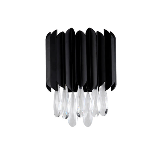 Mid Century Metal Wall Sconce With Crystal Droplets In Black - 2-Light Flush Mount