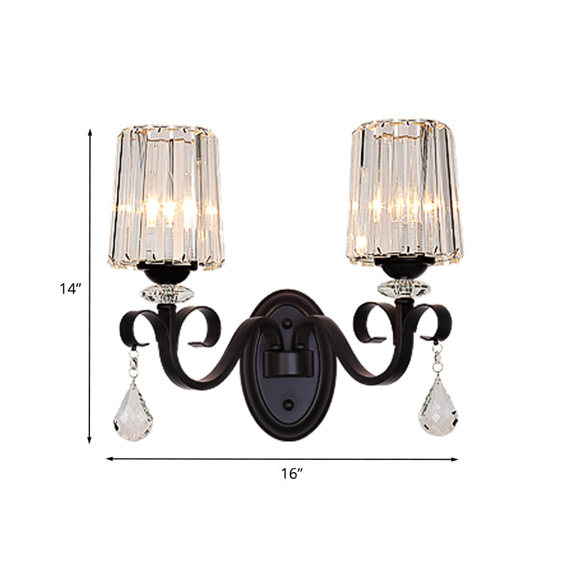 Clear Prismatic Crystal Sconce - Modern Black Cylinder Wall Mount Lamp For Living Room