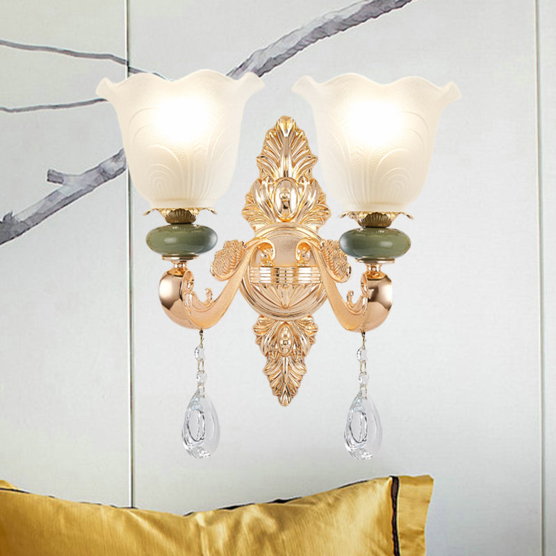 Opal Frosted Glass Ruffle Shade Wall Sconce Light In Gold Traditional Half-Bulb Lighting 2 /