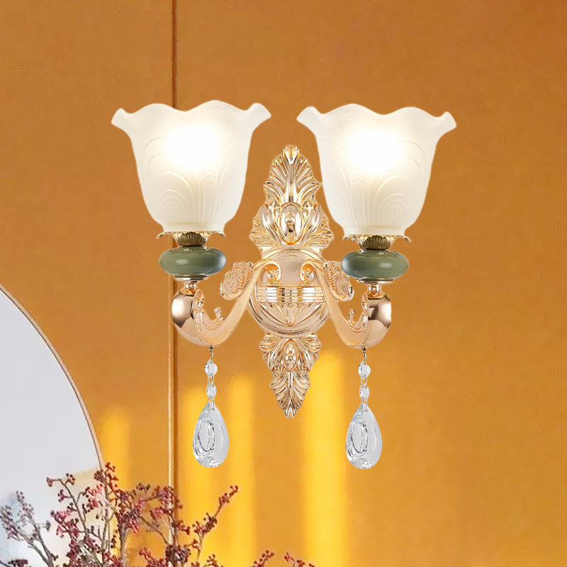 Opal Frosted Glass Ruffle Shade Wall Sconce Light In Gold Traditional Half-Bulb Lighting