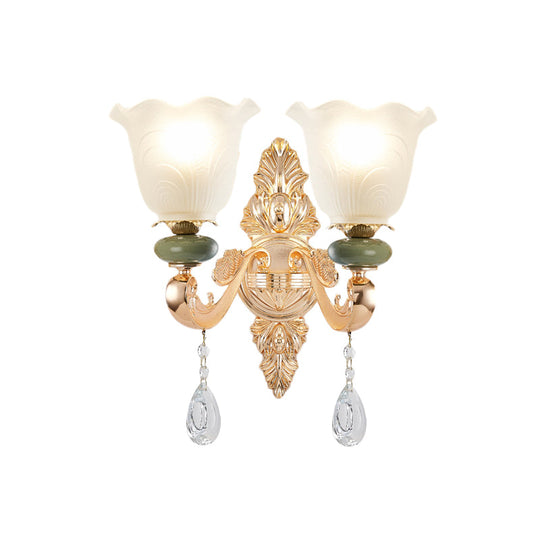 Opal Frosted Glass Ruffle Shade Wall Sconce Light In Gold Traditional Half-Bulb Lighting