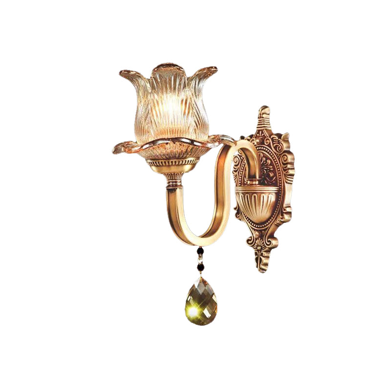 Hand Blown Ribbed Glass Wall Lamp - Antique Gold Flower Bedroom Sconce