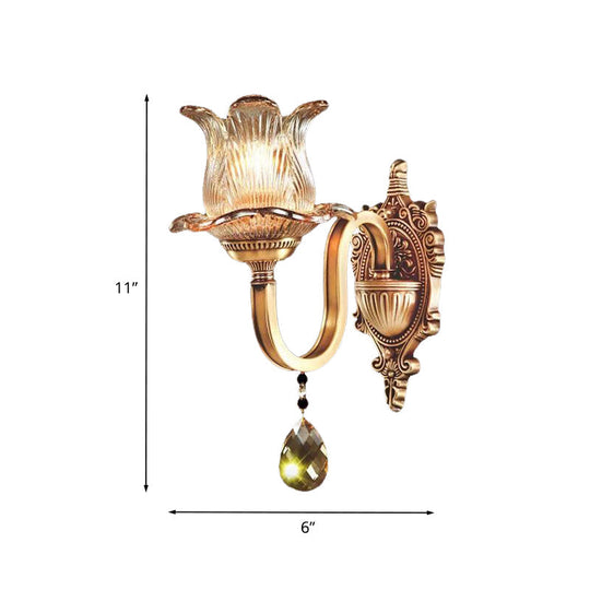 Hand Blown Ribbed Glass Wall Lamp - Antique Gold Flower Bedroom Sconce