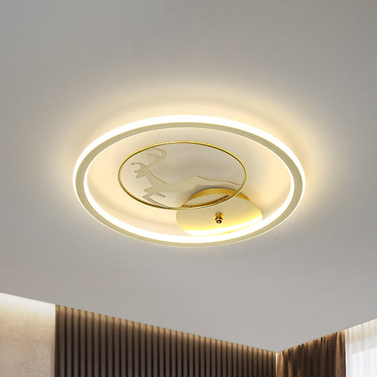 Contemporary Led Metal Ceiling Mount Fixture With Gold Round Flush Light And Elk Pattern Sizes: