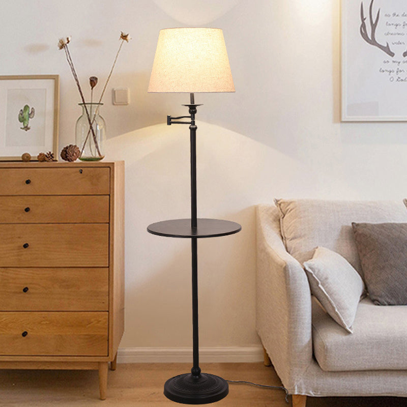 Modern Black Finish Floor Lamp With Shelf And White Fabric Shade