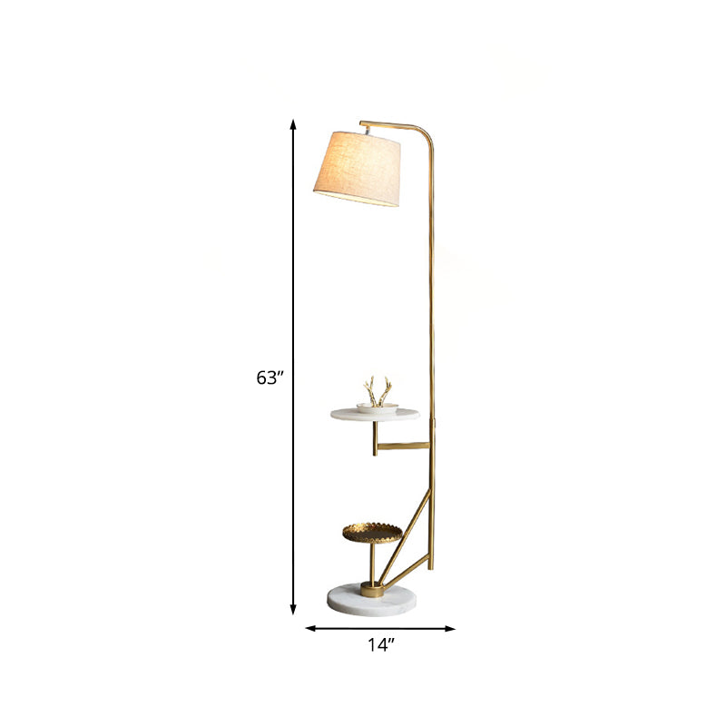 Modern 1-Light Floor Table Lamp: Beige Fabric Shade Gold Curved Arm