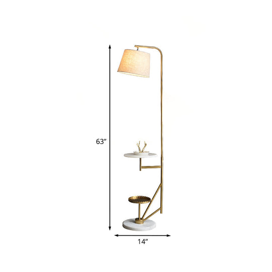 Modern 1-Light Floor Table Lamp: Beige Fabric Shade Gold Curved Arm