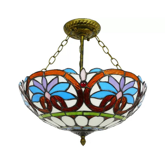 Victorian Tiffany Style Ceiling Fixture - 12’/16’ Wide Bowl Design Light
