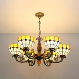Yellow Grid Bowl Pendant Light - Tiffany Antique Art Glass Chandelier (6-Light) For Hallway