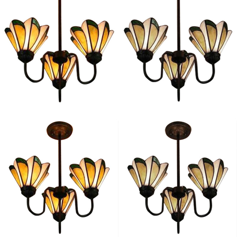 Yellow Conical Hanging Tiffany Stained Glass Ceiling Pendant - 3 Heads