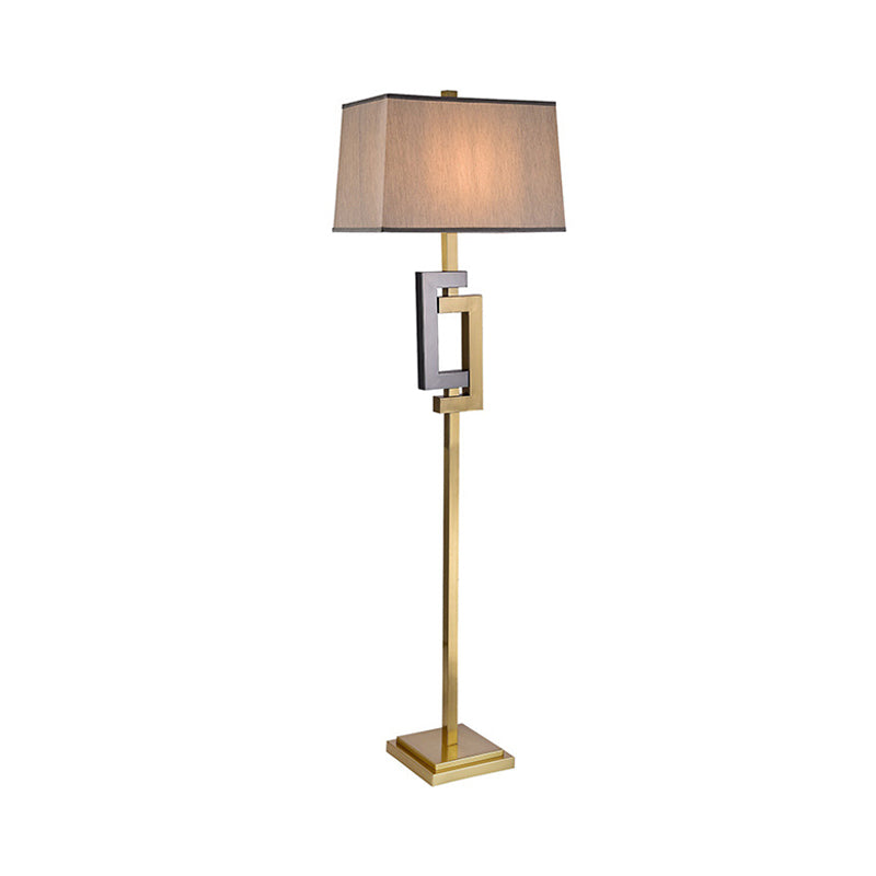 Modern Gold Finish Rectangle Floor Lamp With Single Brown Fabric Shade