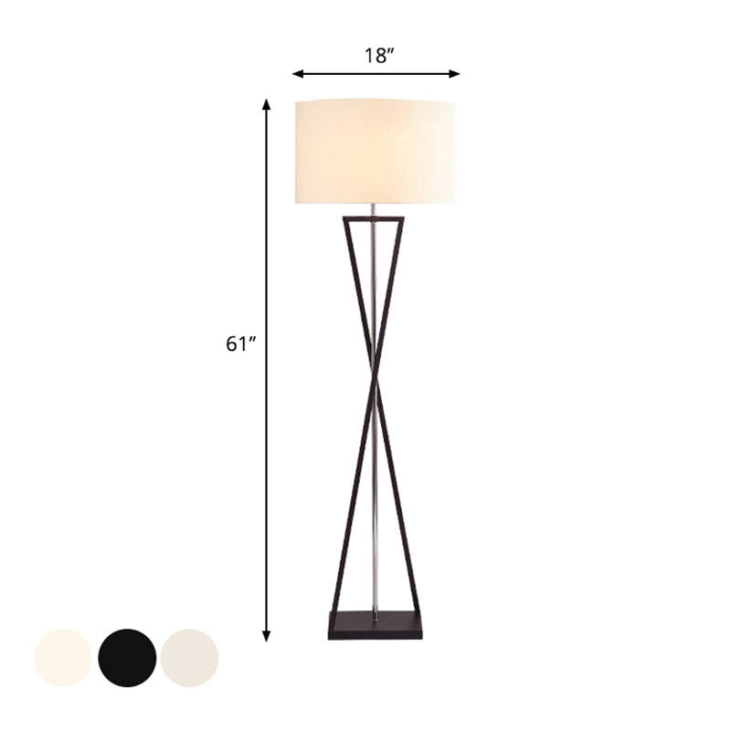 Modern Crossing Line Iron Stand-Up Lamp | 1-Bulb Reading Floor With Drum Shade (White/Black)