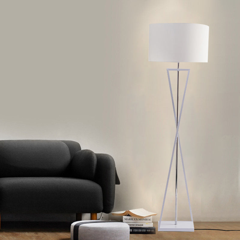 Modern Crossing Line Iron Stand-Up Lamp | 1-Bulb Reading Floor With Drum Shade (White/Black)