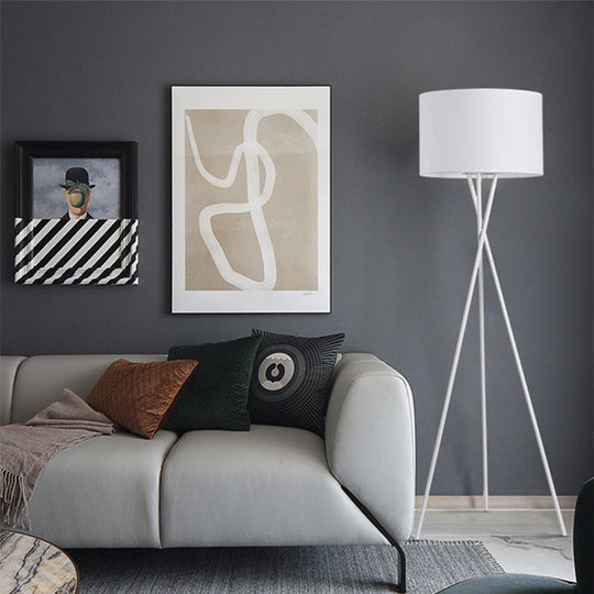 Simple Fabric Drum Shade Floor Reading Lamp With Tripod Stand - White/Black 1 Light