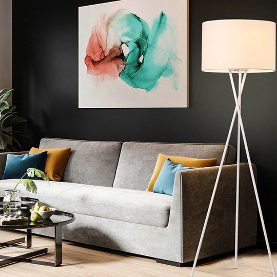Simple Fabric Drum Shade Floor Reading Lamp With Tripod Stand - White/Black 1 Light