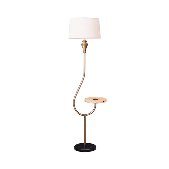 Modernist Gold Fabric Single Head Floor Lamp With Shelf Stylish Bedroom Lighting